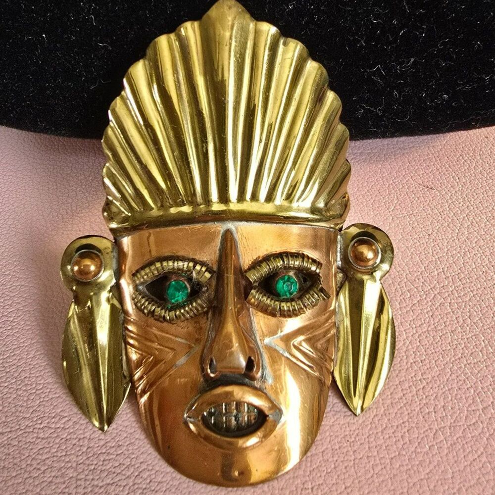 Vintage Mexican Folk Art Brooch Aztech or Mayan Warrior